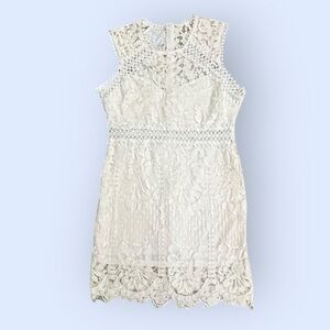 White Lace Overlay Sleeveless Mini Dress Sheer Cutout Scallop Hem | Size L / XL